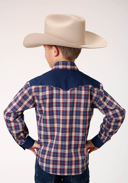 Roper Boy's Long Sleeve Snap Navy Red Cream Plaid Western Shirt with Solid Yokes and Smile Pockets (01-030-0087-1062 BU)