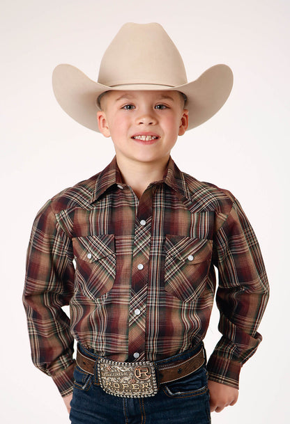 Roper Boy's Long Sleeve Snap Multi Brown Black Green Plaid Western Shirt (01-030-0101-1064 BR)