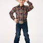 Roper Boy's Long Sleeve Snap Multi Brown Black Green Plaid Western Shirt (01-030-0101-1064 BR)