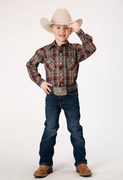 Roper Boy's Long Sleeve Snap Multi Brown Black Green Plaid Western Shirt (01-030-0101-1064 BR)