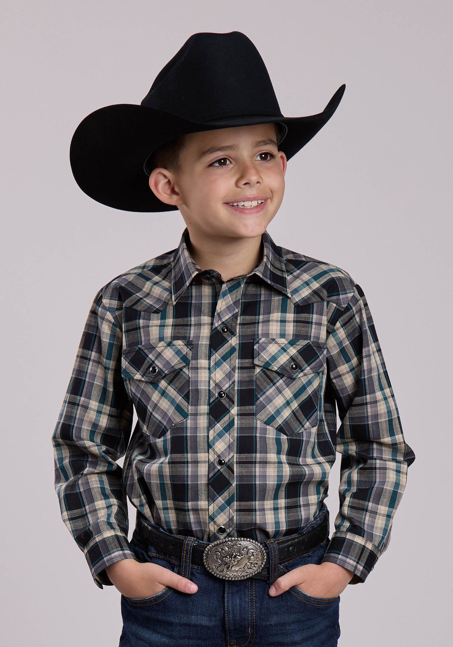 Roper Boys Long Sleeve Snap Forrest Black Tan Plaid Western Shirt (01-030-0101-1078 GR)