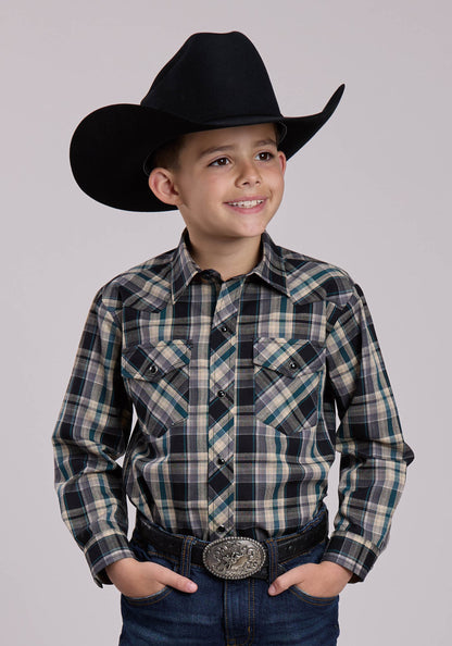Roper Boys Long Sleeve Snap Forrest Black Tan Plaid Western Shirt (01-030-0101-1078 GR)