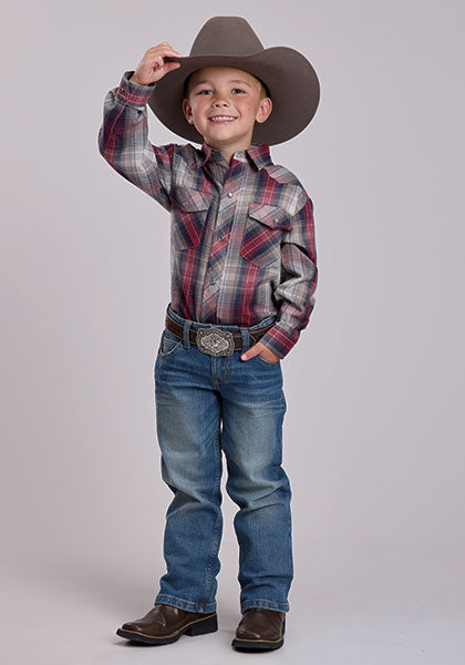 Roper Grey/Tan/Red Plaid Boys L/S Shirt (1-30-101-7014 GY)