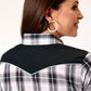 Roper Women's Long Sleeve Snap Black Aqua Grey Plaid Western Shirt with Piping and Applique on Yokes (01-050-0024-1060 BL)