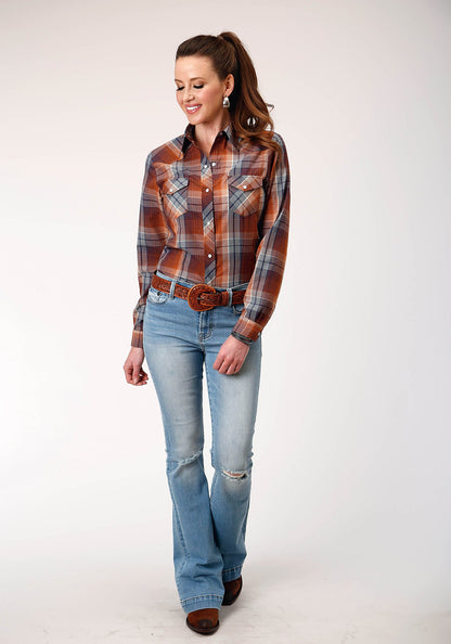 Roper Women's Long Sleeve Snap Brown Navy Cream Plaid Western Shirt (01-050-0101-1066 BR)