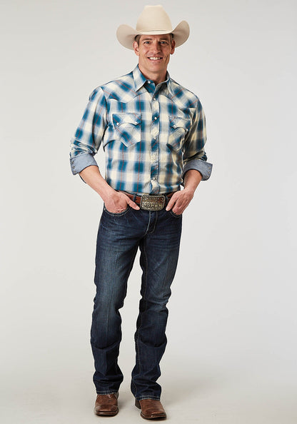 Roper Men's Long Sleeve Snap Arrow Dobby Plaid Western Shirt (03-001-0062-0313 BU)
