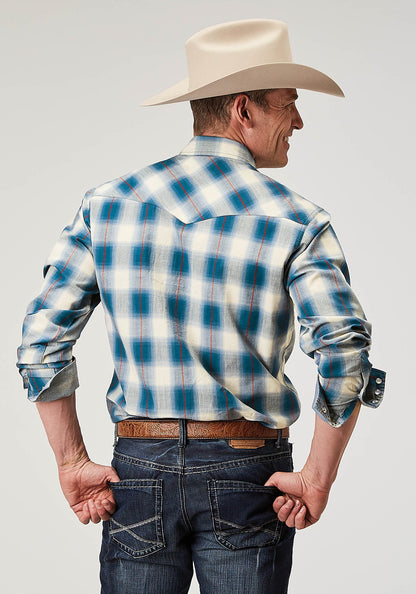 Roper Men's Long Sleeve Snap Arrow Dobby Plaid Western Shirt (03-001-0062-0313 BU)