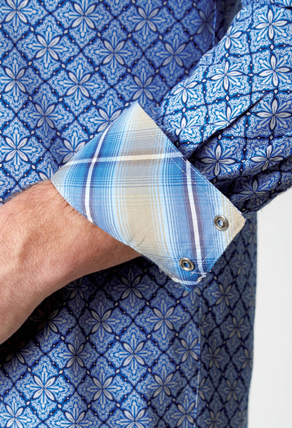 Roper Men's Long Sleeve Snap Blue Skies Tie Print Western Shirt (03-001-0225-2024 BU)