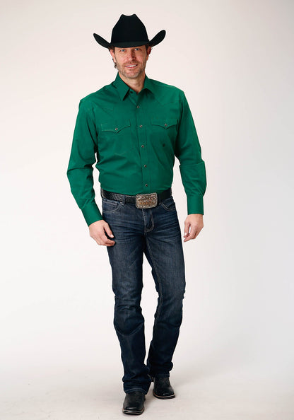 Camisa vaquera Roper de manga larga con broches a presión y relleno negro, color verde liso, para hombre (03-001-0265-0184 GR)