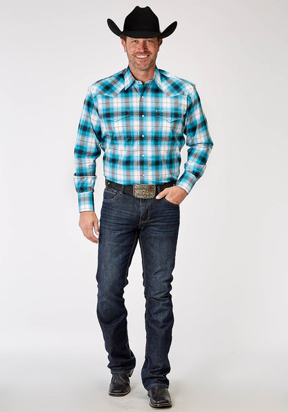 Roper Men's Long Sleeve Snap Stretch Poplin Turquoise Plaid Western Shirt (03-001-0278-2111 BU)