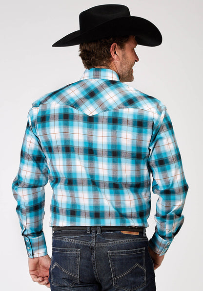 Roper Men's Long Sleeve Snap Stretch Poplin Turquoise Plaid Western Shirt (03-001-0278-2111 BU)