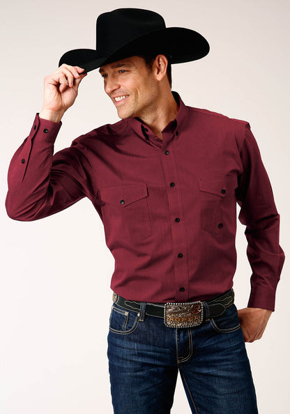 Roper Men's Long Sleeve Button Black Fill Solid Wine Western Shirt (03-001-0365-0706 WI)