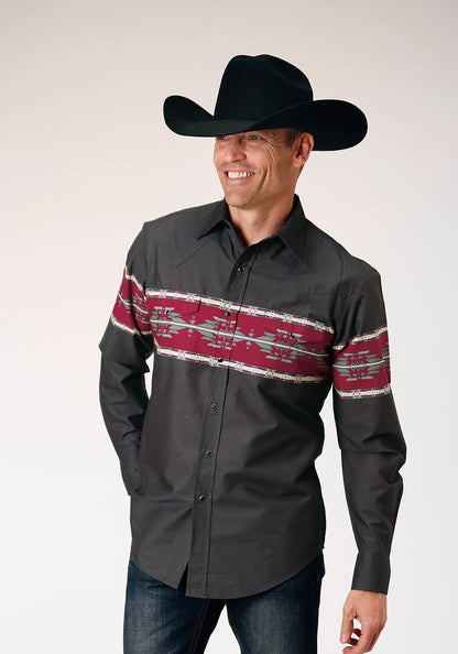 Camisa vaquera Roper de manga larga con borde azteca y broches para hombre (03-001-0431-0107 BL)