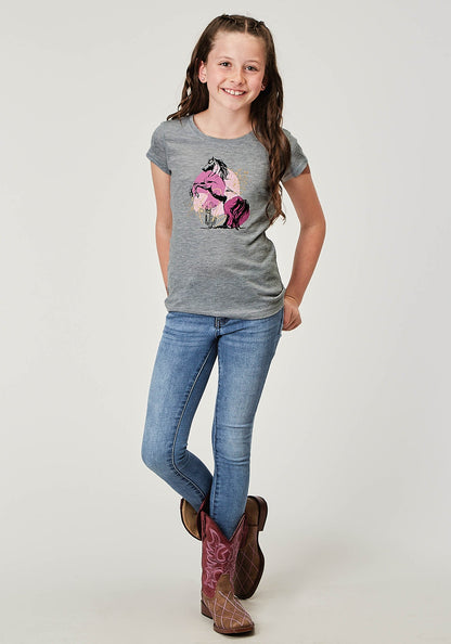 Roper Girl's Short Sleeve Light Grey Poly Rayon Western T-Shirt with Screen Print Decoration (03-009-0513-2062 GY)