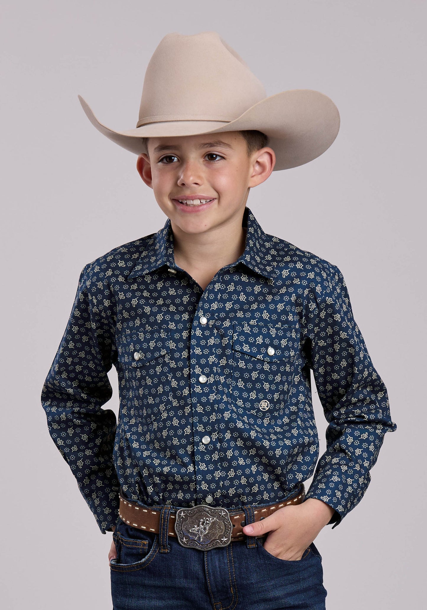 Roper Boys Long Sleeve Snap Stretch Poplin Paisley Navy Western Shirt (03-030-0225-1102 BU)