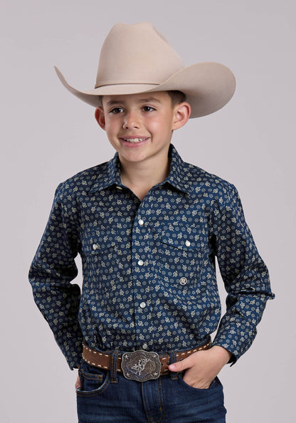 Roper Boys Long Sleeve Snap Stretch Poplin Paisley Navy Western Shirt (03-030-0225-1102 BU)