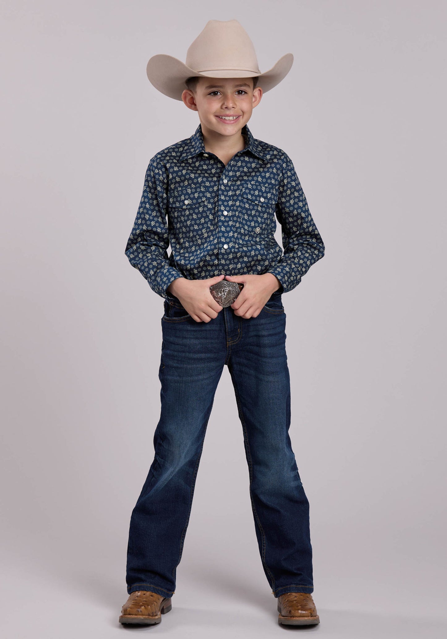 Roper Boys Long Sleeve Snap Stretch Poplin Paisley Navy Western Shirt (03-030-0225-1102 BU)