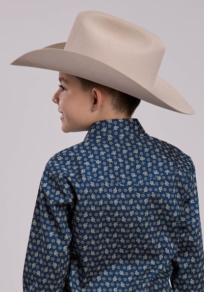 Roper Boys Long Sleeve Snap Stretch Poplin Paisley Navy Western Shirt (03-030-0225-1102 BU)