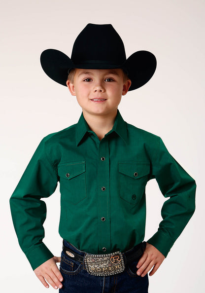 Roper Boy's Long Sleeve Snap Black Fill Solid Green Western Shirt (03-030-0265-0184 GR)