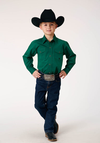 Roper Boy's Long Sleeve Snap Black Fill Solid Green Western Shirt (03-030-0265-0184 GR)