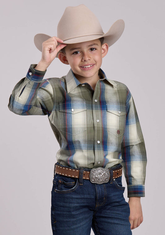 Roper Boys Long Sleeve Snap Evergreen Plaid Western Shirt (03-030-0278-1057 MU)