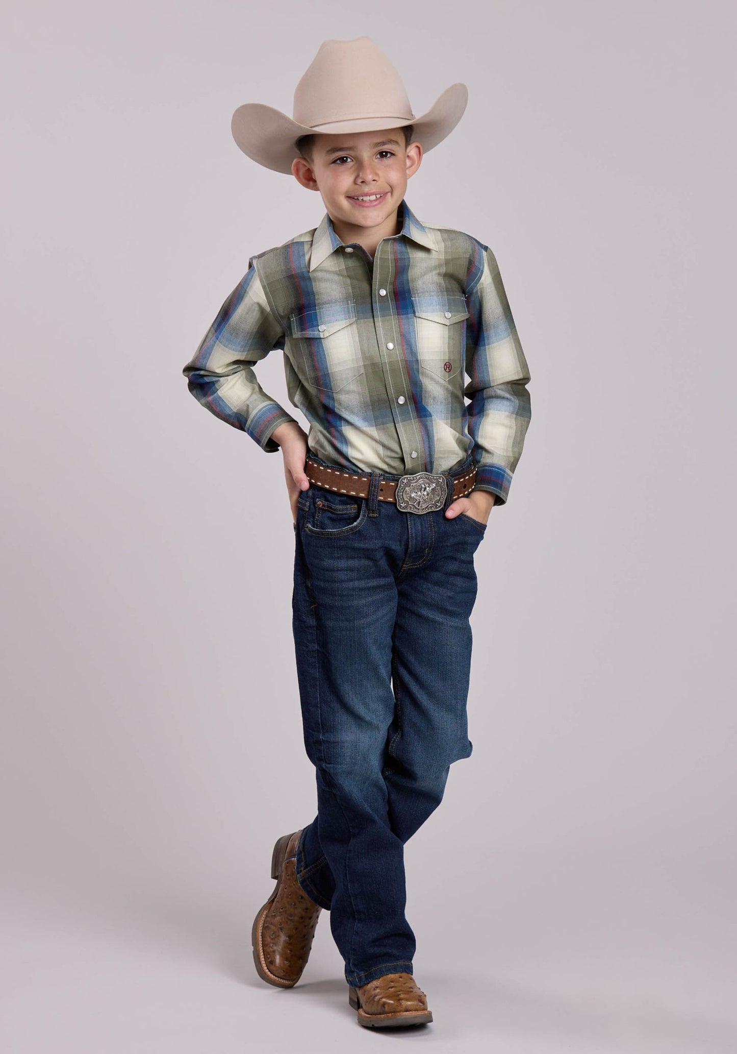 Roper Boys Long Sleeve Snap Evergreen Plaid Western Shirt (03-030-0278-1057 MU)
