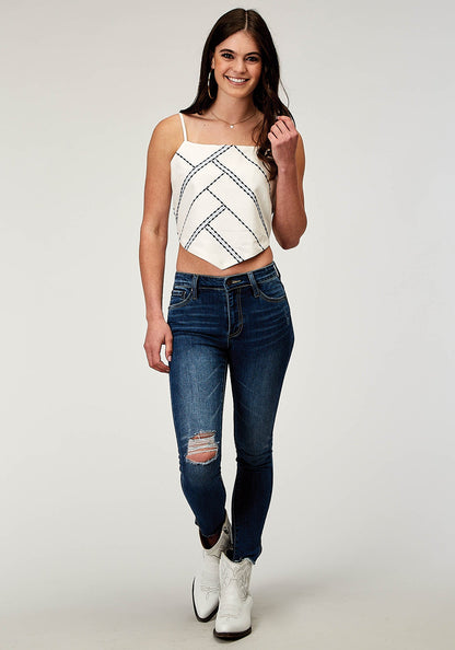 Roper Women's Sleeveless Rayon Flex Cotton Bandanna Tank Top with Adjustable Spaghetti Straps Embroidery Tie Back (03-052-0565-2065 WH)