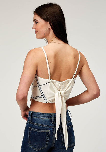 Roper Women's Sleeveless Rayon Flex Cotton Bandanna Tank Top with Adjustable Spaghetti Straps Embroidery Tie Back (03-052-0565-2065 WH)