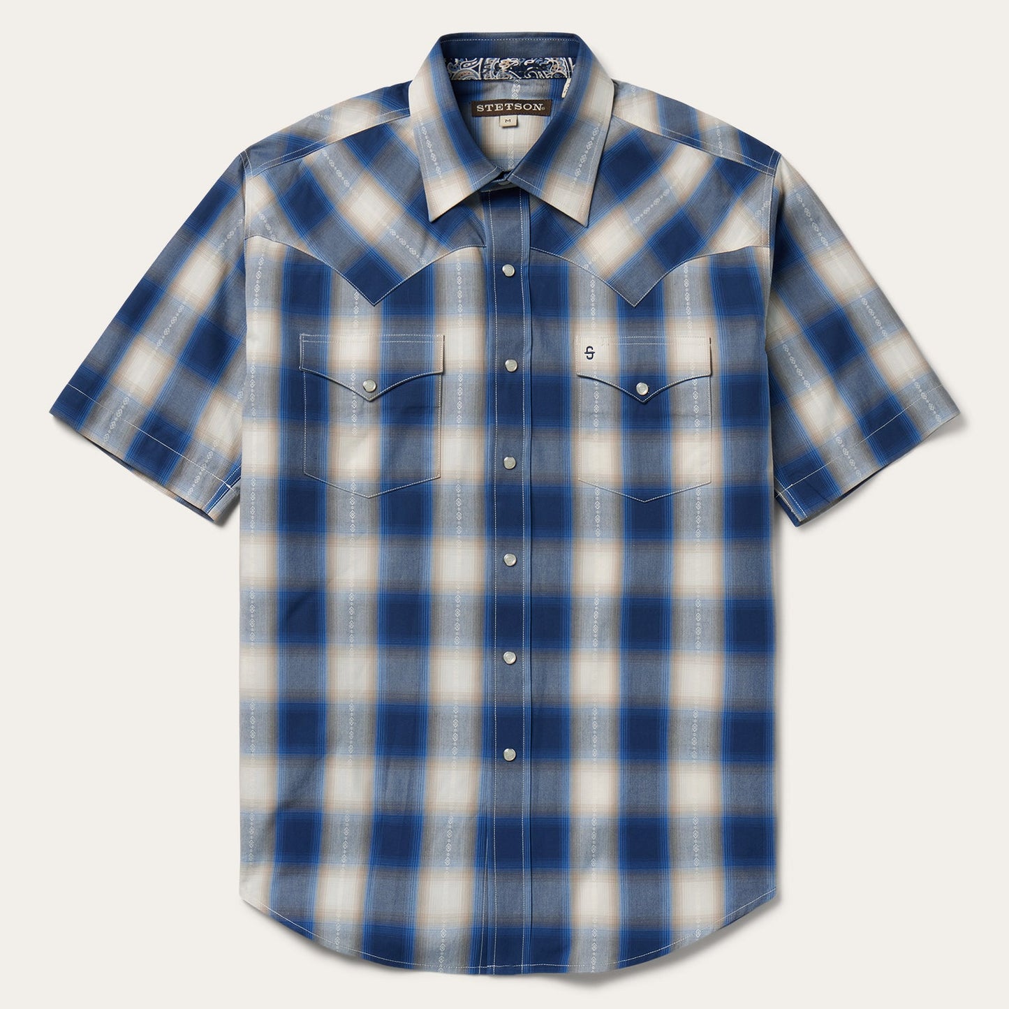 Camisa vaquera Stetson para hombre, azul degradado a cuadros, manga corta (11-002-0478-2040 BU)