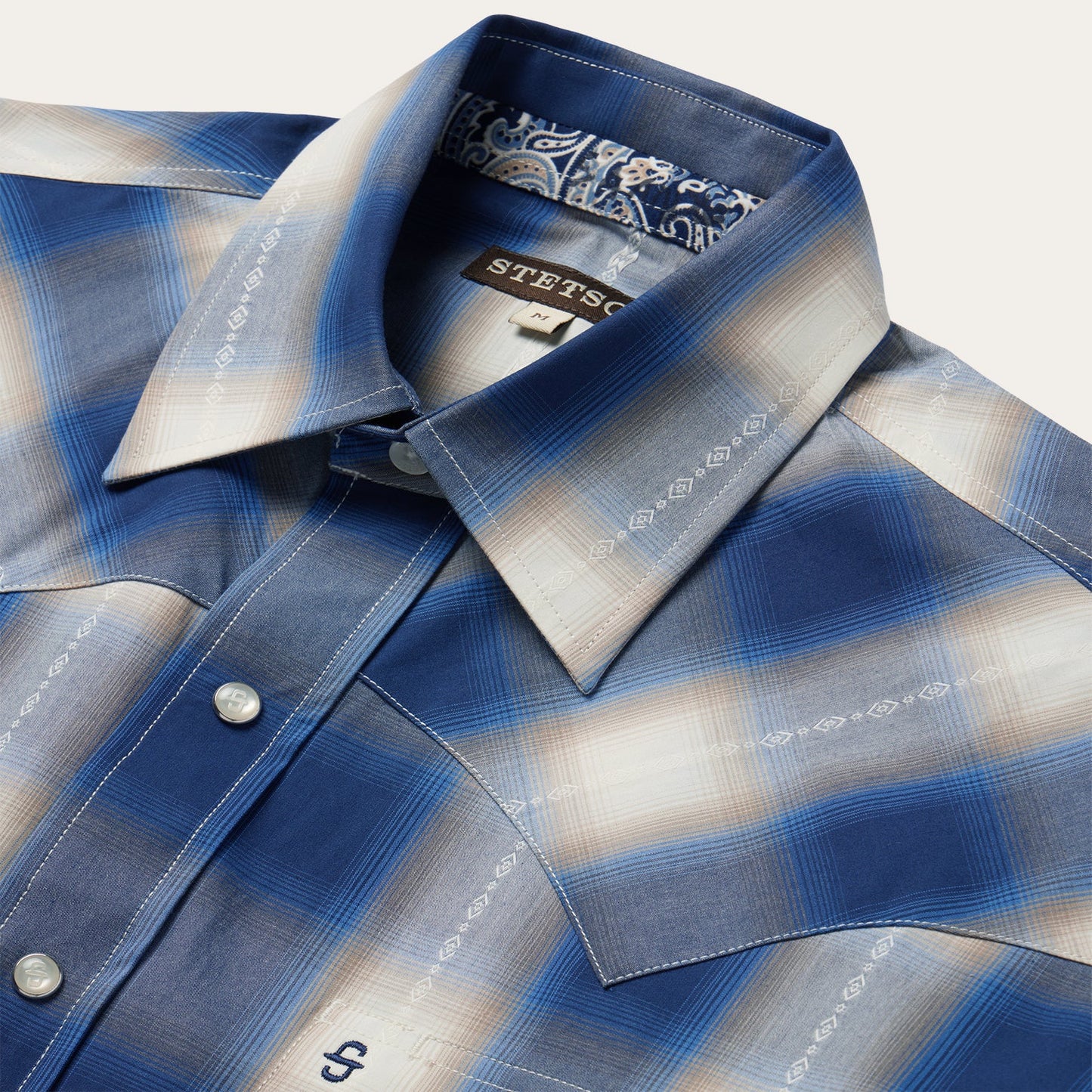 Camisa vaquera Stetson para hombre, azul degradado a cuadros, manga corta (11-002-0478-2040 BU)