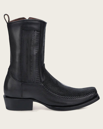 Botas vaqueras Cuadra para hombre, negras, de piel de raya grabada (CU783/1J2KMA)