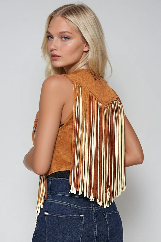 Wisteria Lane Women's Fringed Vest (W6408JIA - Camel/Cream)