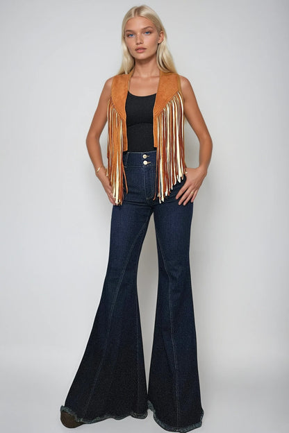 Chaleco con flecos Wisteria Lane para mujer (W6408JIA - Camel/Crema)