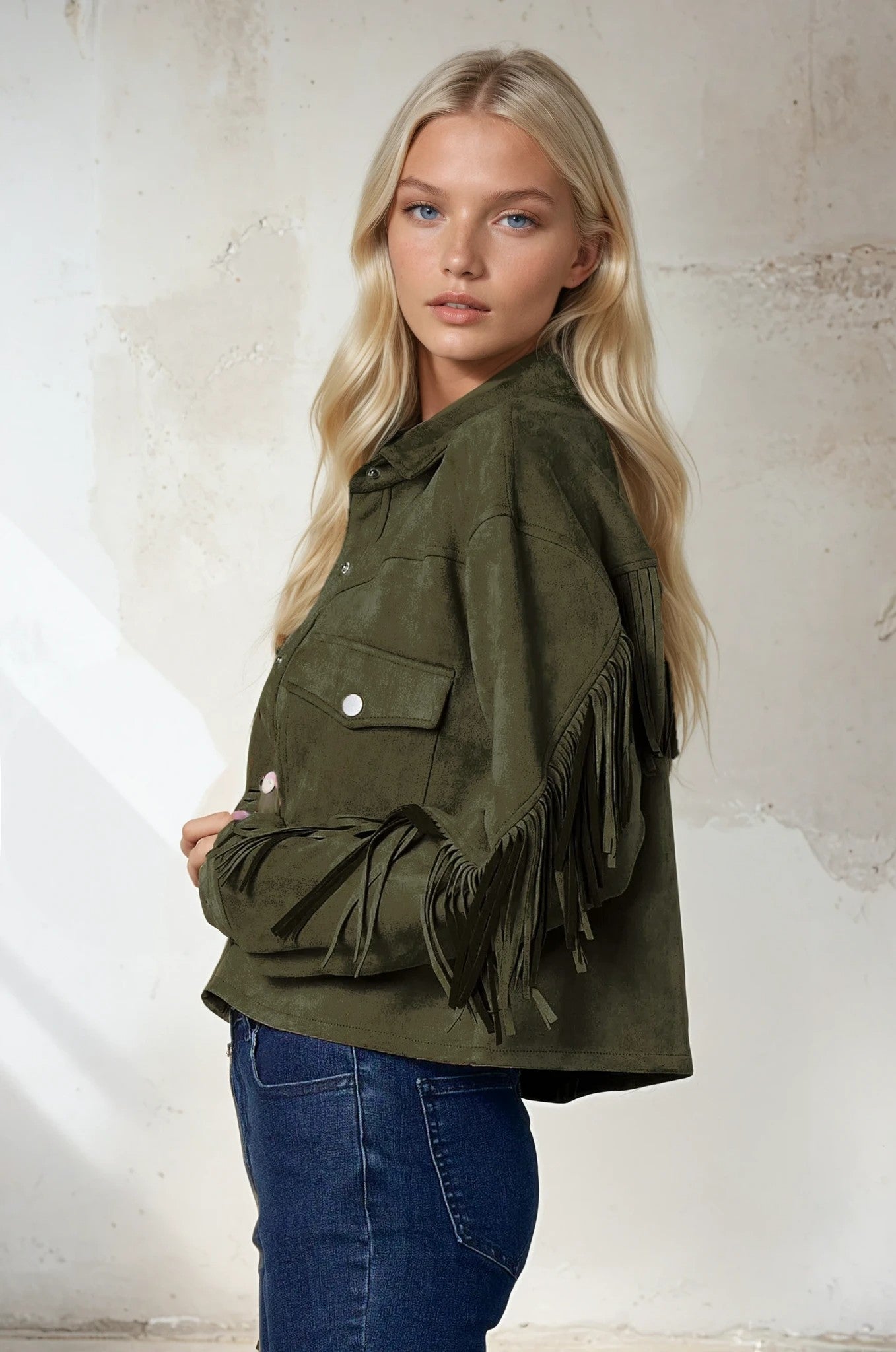 Wisteria Lane Women's Fringed Faux Suede Shirt Jacket (W6316JIA - Olive)