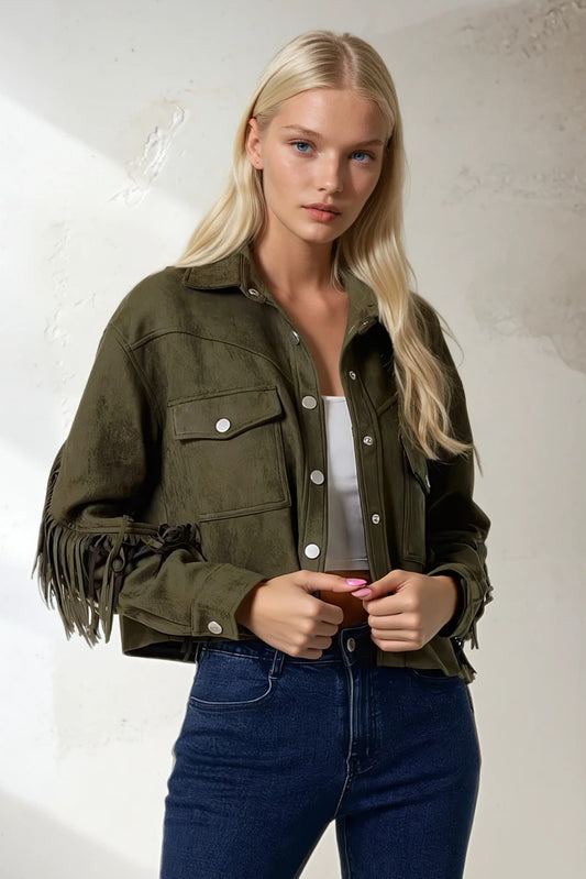 Wisteria Lane Women's Fringed Faux Suede Shirt Jacket (W6316JIA - Olive)