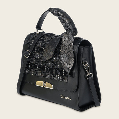 Cuadra Women's Luxury Black Handbag in Genuine Bovine Leather with Crystals (DU743/BOD3MRS Res Azteca Negro)