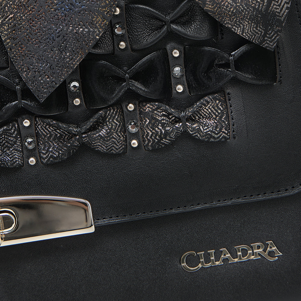 Cuadra Women's Luxury Black Handbag in Genuine Bovine Leather with Crystals (DU743/BOD3MRS Res Azteca Negro)