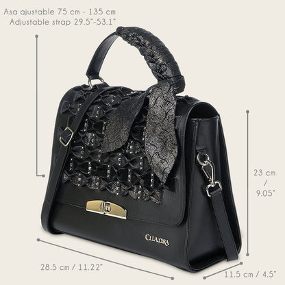Cuadra Women's Luxury Black Handbag in Genuine Bovine Leather with Crystals (DU743/BOD3MRS Res Azteca Negro)