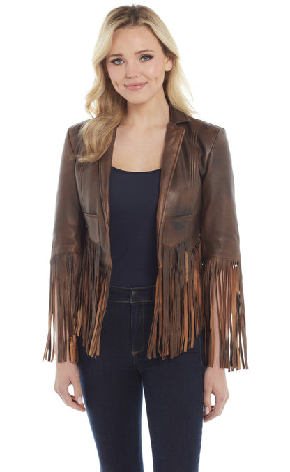 Cripple Creek Women’s Antique Finished Lamb Nappa Open Front Fringe Jacket (LL16464-91)