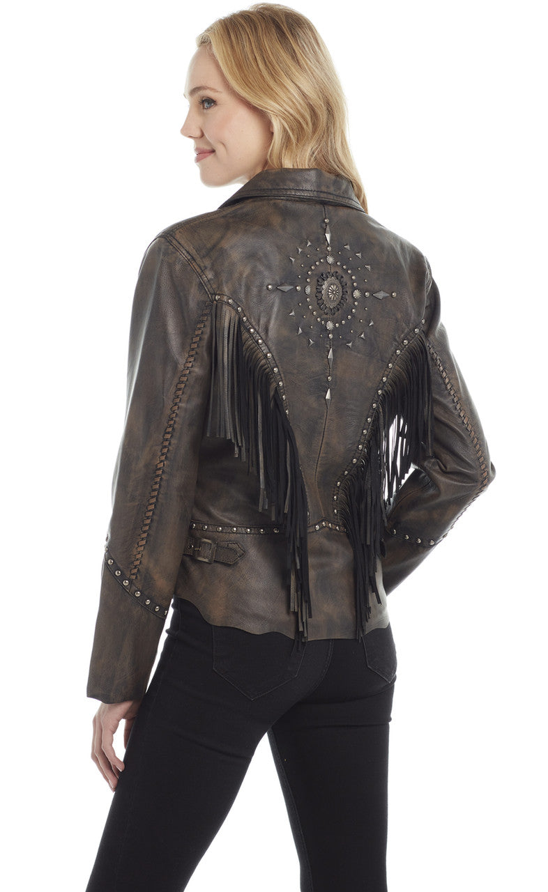 Cripple Creek Women’s Studded Hand Laced & Antique Finished Zip Front Lamb Jacket w/ Raw Edges (LL21469-27)