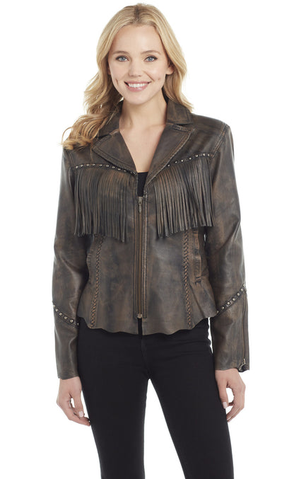 Cripple Creek Women’s Studded Hand Laced & Antique Finished Zip Front Lamb Jacket w/ Raw Edges (LL21469-27)