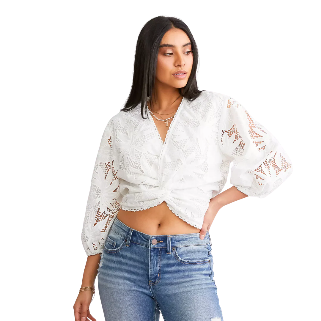 Blusa Miss Me con encaje cruzado y mangas 3/4 (MT2941S / Blanco)