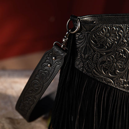 Wrangler Vintage Floral Embossed Fringe Crossbody Bag (WG63-G9360BK)