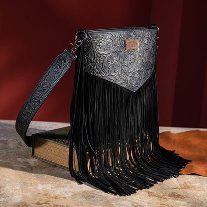 Wrangler Vintage Floral Embossed Fringe Crossbody Bag (WG63-G9360BK)