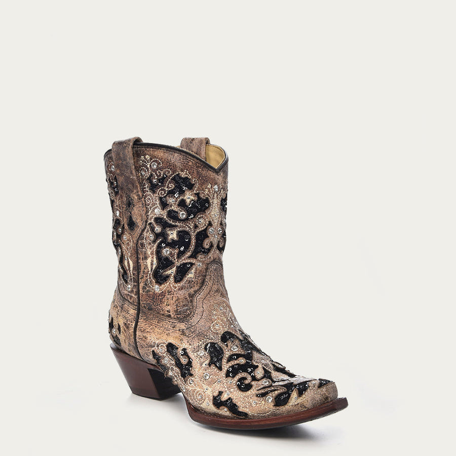 Corral Women’s Black Glitter Inlay Floral Overlay with Crystals and Studs Snip Toe Brown Ankle Boots (A4190-M / Brown)