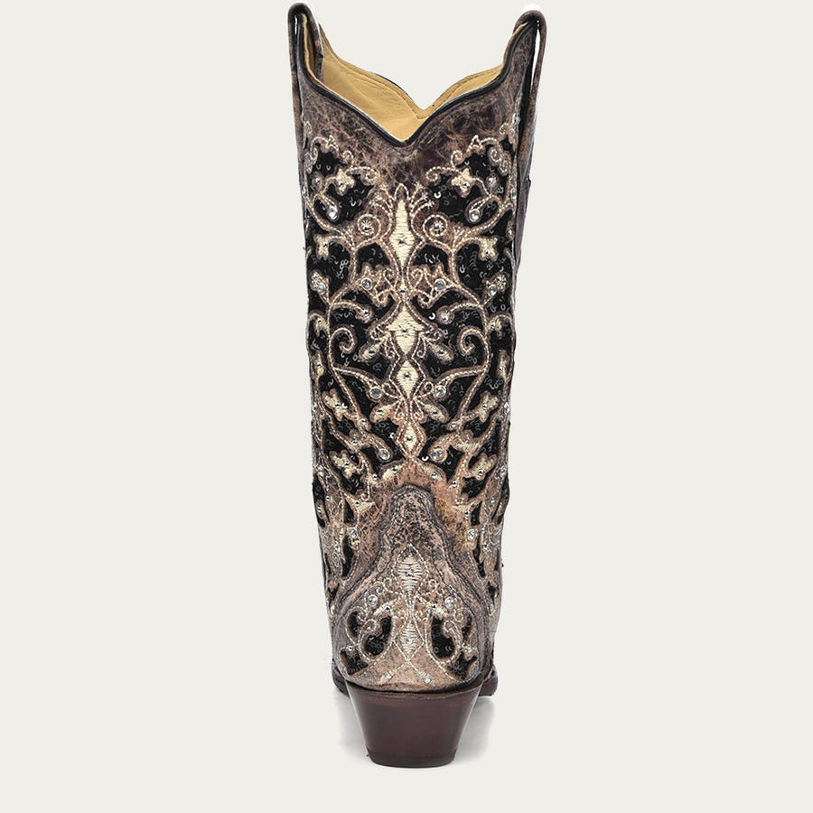 Corral Women’s Black Glitter Inlay Floral Overlay with Crystals and Studs Snip Toe Brown Cowboy Boots (A3569-M / Brown)
