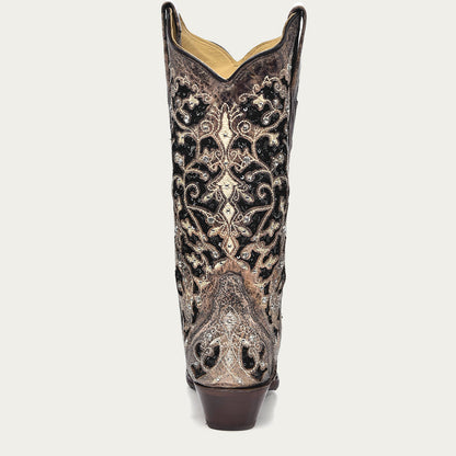 Corral Women’s Black Glitter Inlay Floral Overlay with Crystals and Studs Snip Toe Brown Cowboy Boots (A3569-M / Brown)