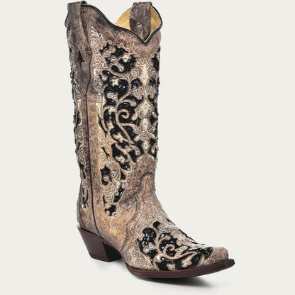 Corral Women’s Black Glitter Inlay Floral Overlay with Crystals and Studs Snip Toe Brown Cowboy Boots (A3569-M / Brown)