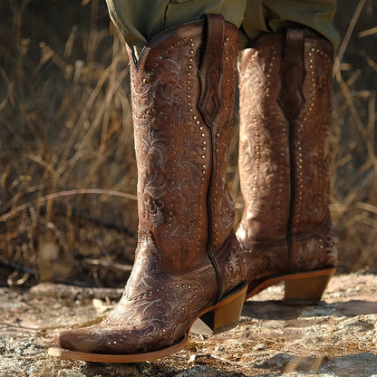 Botas vaqueras Corral para mujer con bordado y tachuelas, color arce, punta recortada (C3972-M / Arce)
