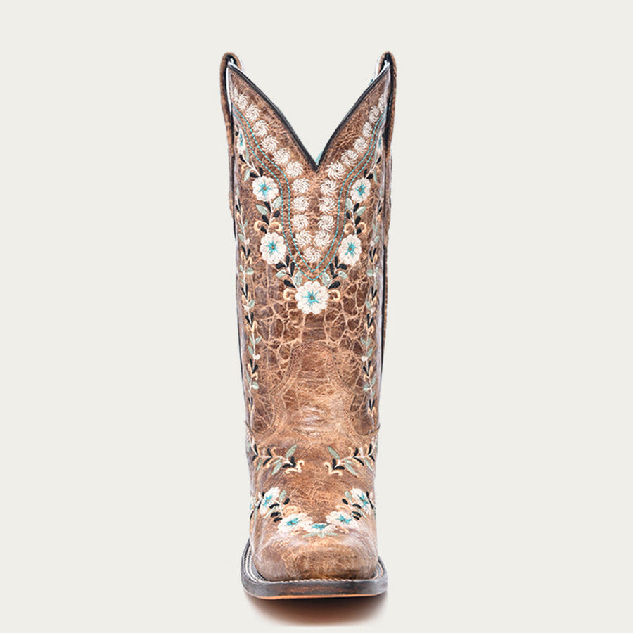 Corral Women's Glow in the Dark Floral Embroidery Distress Cognac Square Toe Cowboy Boots (A4398-M / Cognac)